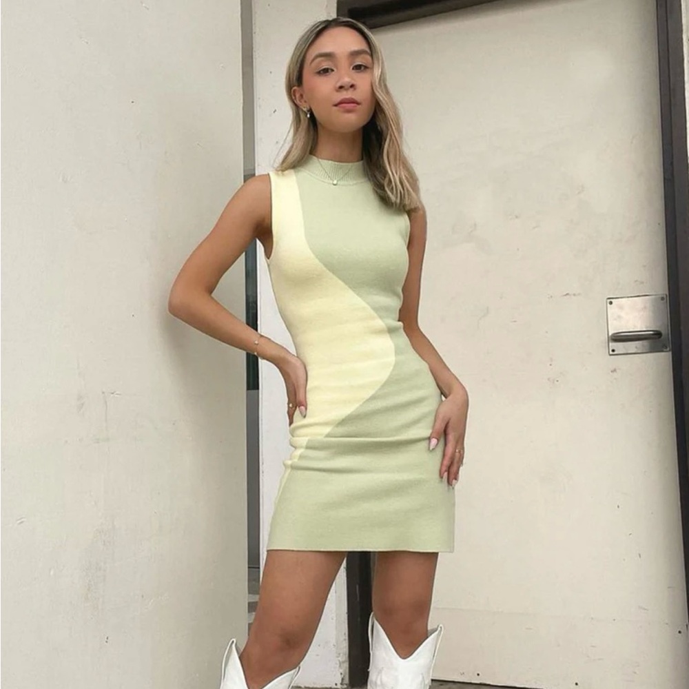 Peppermayo Two-Tone Light Green and Cream Knit Mini Dress - Picture 1 of 9
